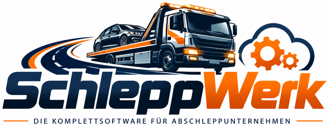 SchleppWerk – Abschleppwagen mit Fahrzeug, Wolke mit Zahnrädern